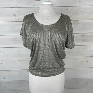 Kim & Cami Silver Metallic Short Sleeve Round Neck Knit Top